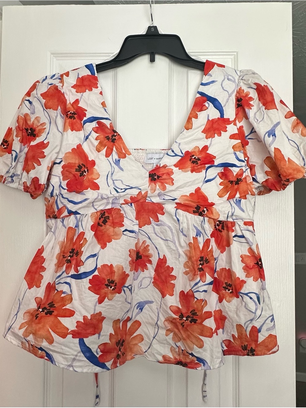 Lost + Wander White Top with Red-Orange Floral Print and Blue Accents